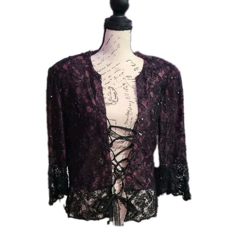 Marina by Marina Bresler Black Lace Sheer Beaded Goth Corset Tie Top Womens XL